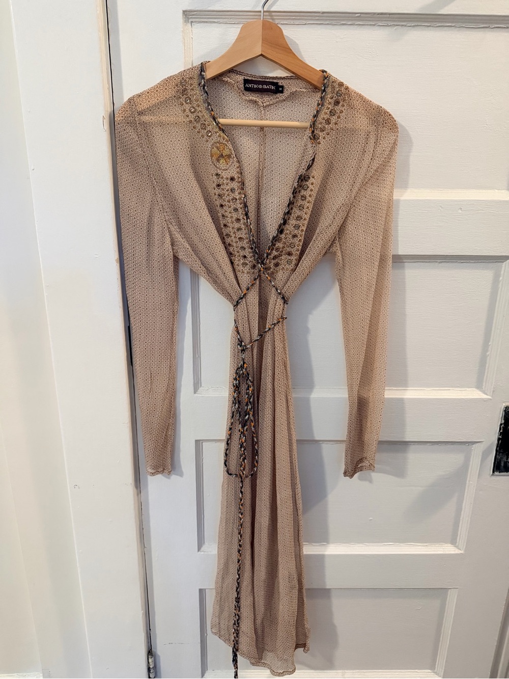 Antik Batik Beige Embellished Long Sleeve Tie-Front Dress